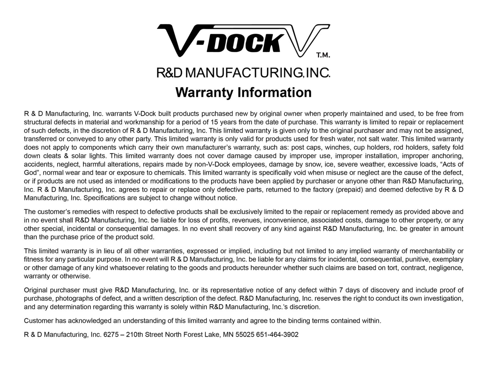 v-dock's warranty information